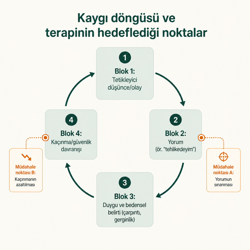 Düşünce, duygu, bedensel belirti ve kaçınma davranışından oluşan dört aşamalı kaygı döngüsü ve terapinin yoğunlaştığı iki müdahale noktasını gösteren şema