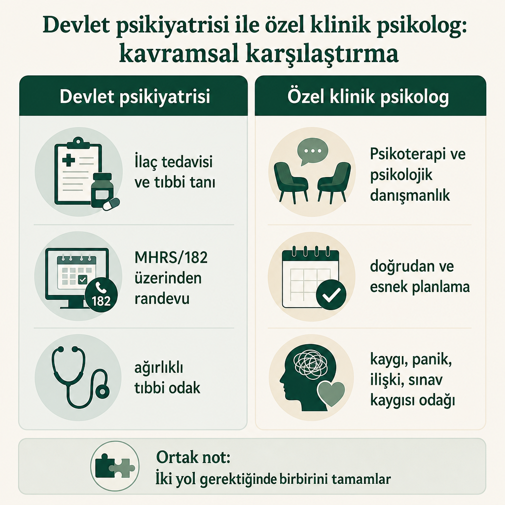 Devlet psikiyatrisi ile özel klinik psikolog hizmetinin odak, yetki ve randevu mantığı açısından yan yana karşılaştırıldığı kavramsal görsel