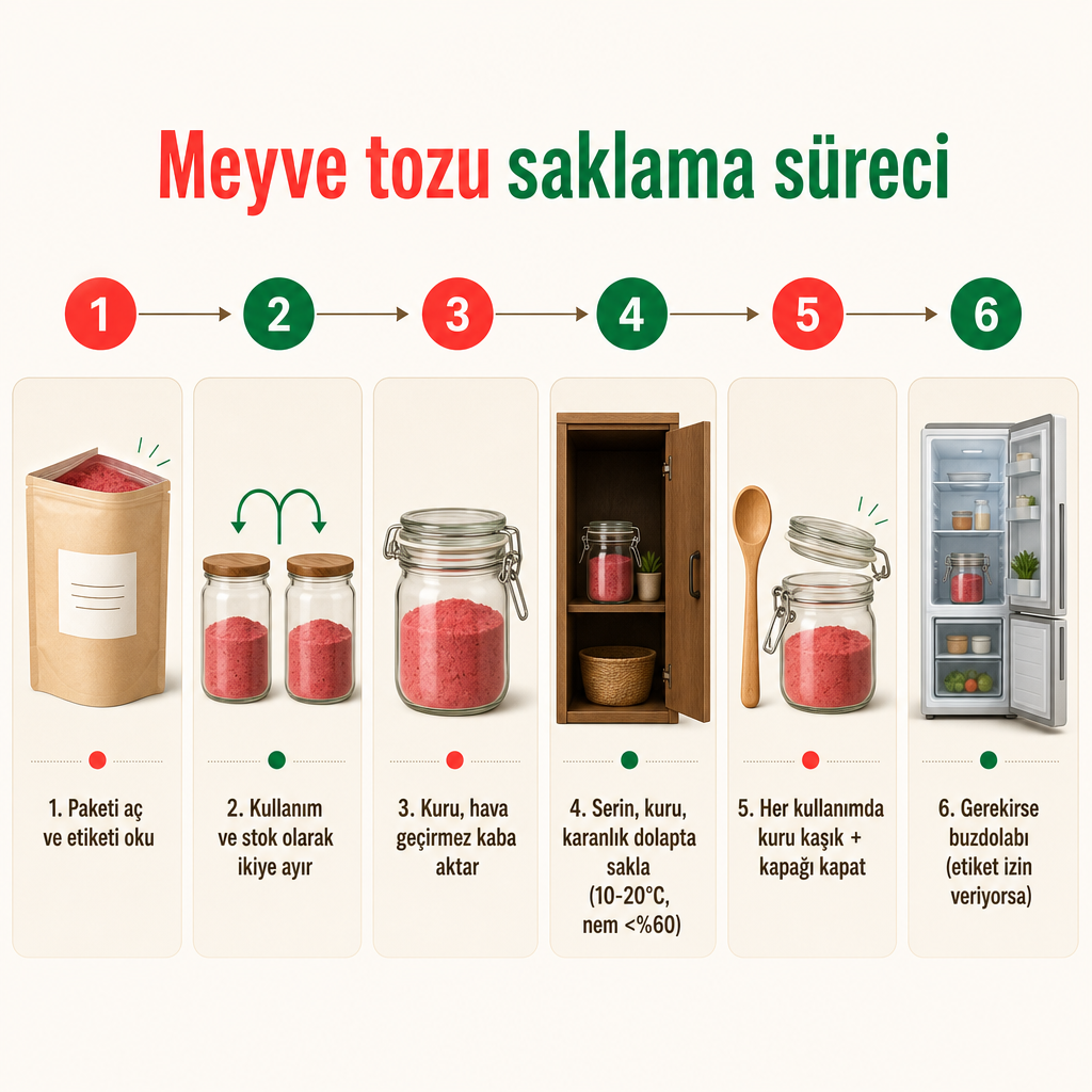 Meyve tozunun paketten kaba aktarılıp saklanmasına kadar altı adımlı süreç diyagramı