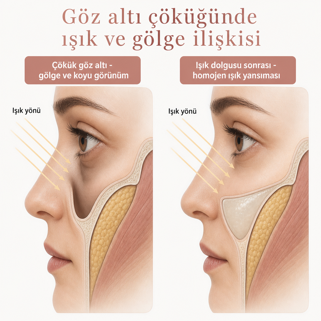 Göz altı oluğunun gölge oluşturması ile dolgu sonrası ışığın eşit yansımasını karşılaştıran şema.