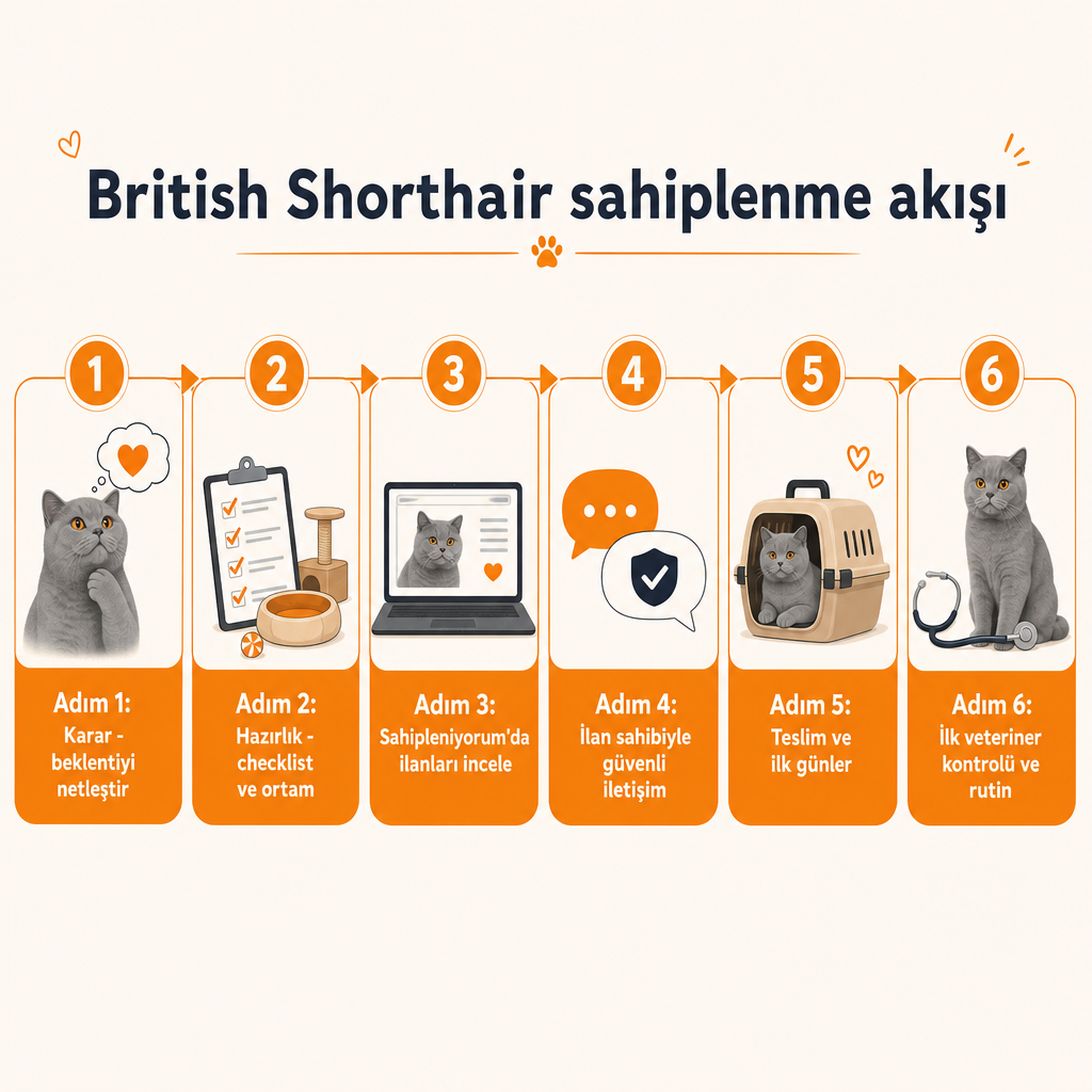 British Shorthair sahiplenme sürecinin altı adımlı akış diyagramı