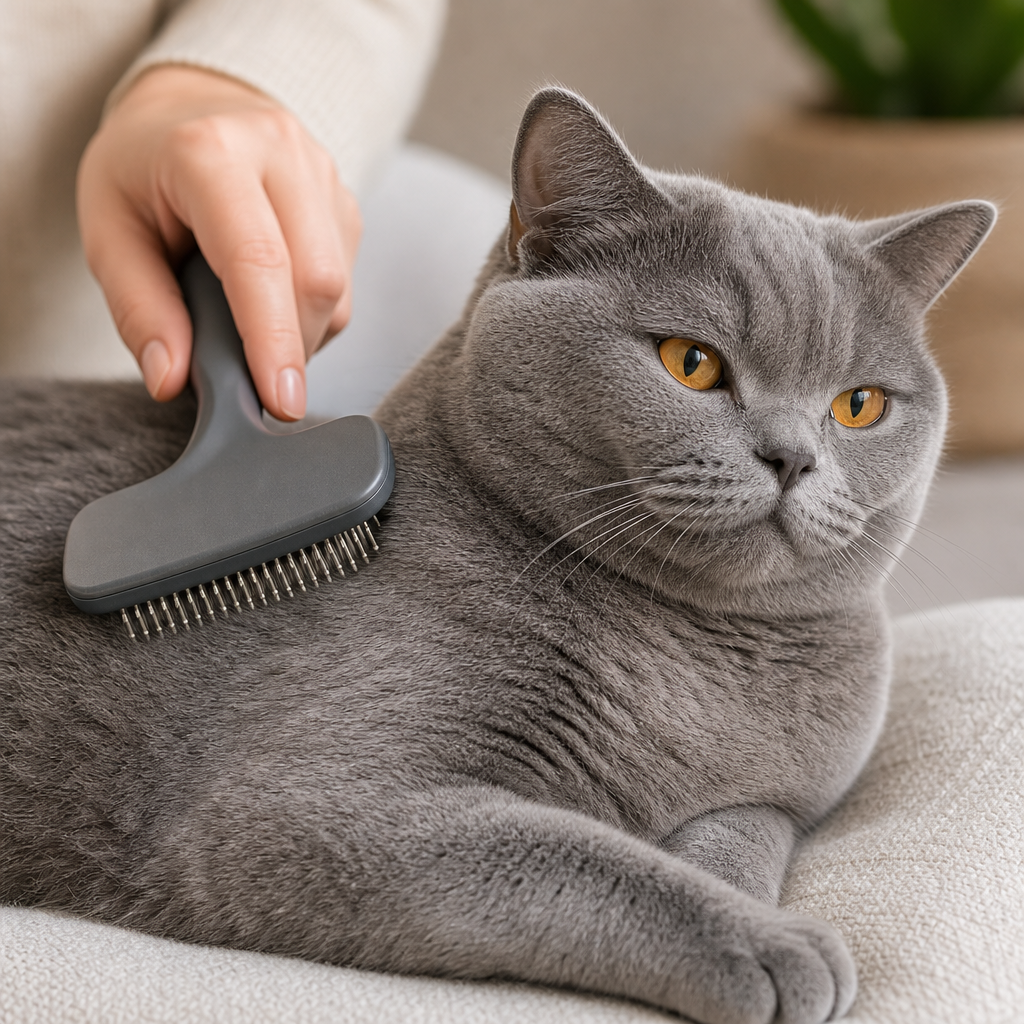 Yoğun tüylü gri bir British Shorthair kedisinin fırçayla taranması