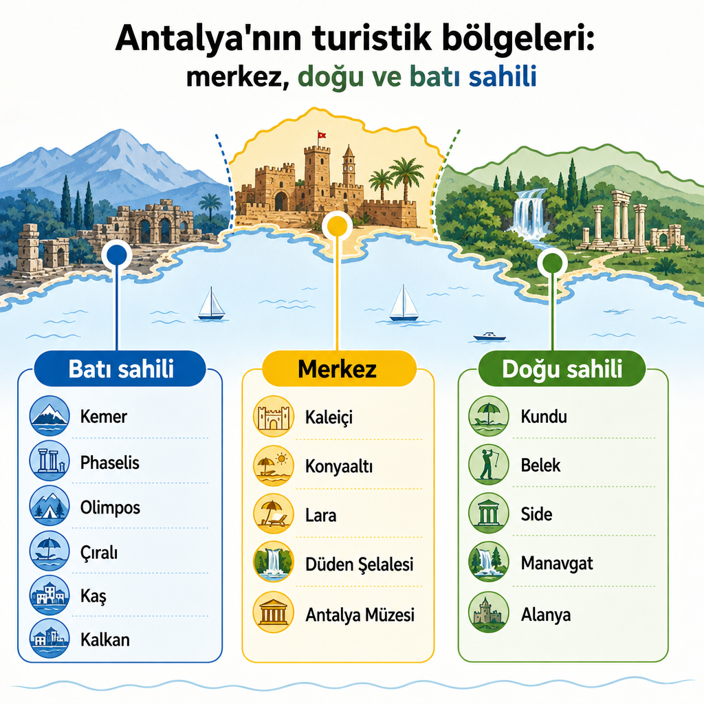Antalya'nın turistik bölgelerini merkez, doğu sahili ve batı sahili olarak gösteren kavramsal şema