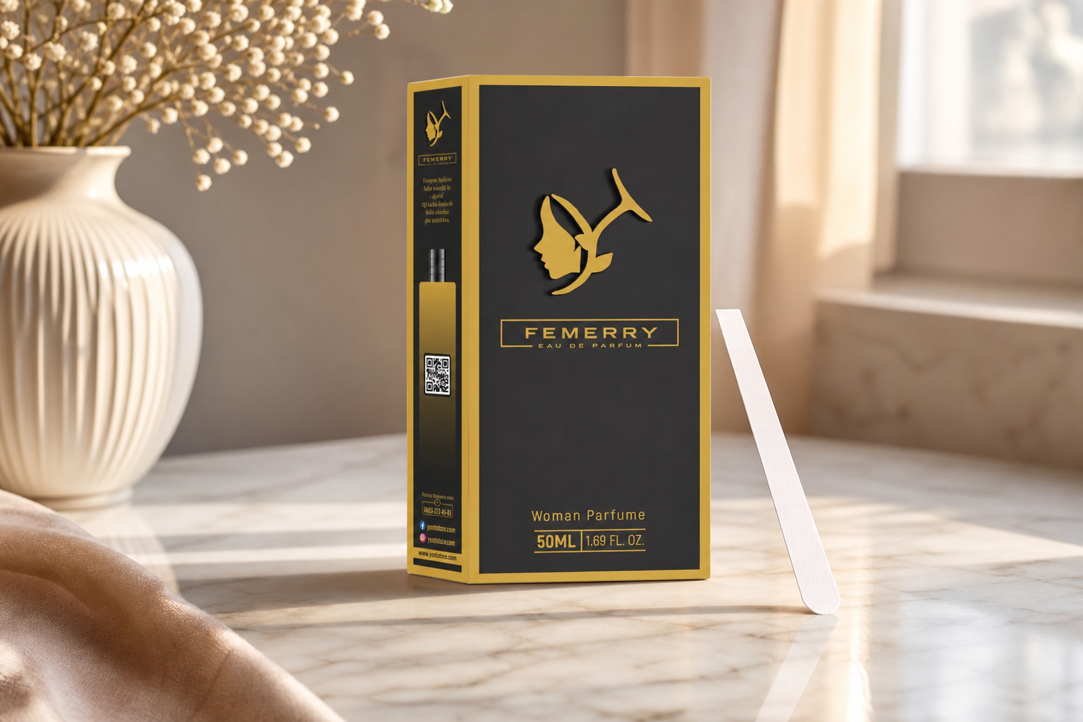 Femerry Eau de Parfum kutusu ve yanında bir koku test kartı, kadın imza kokusu örneği