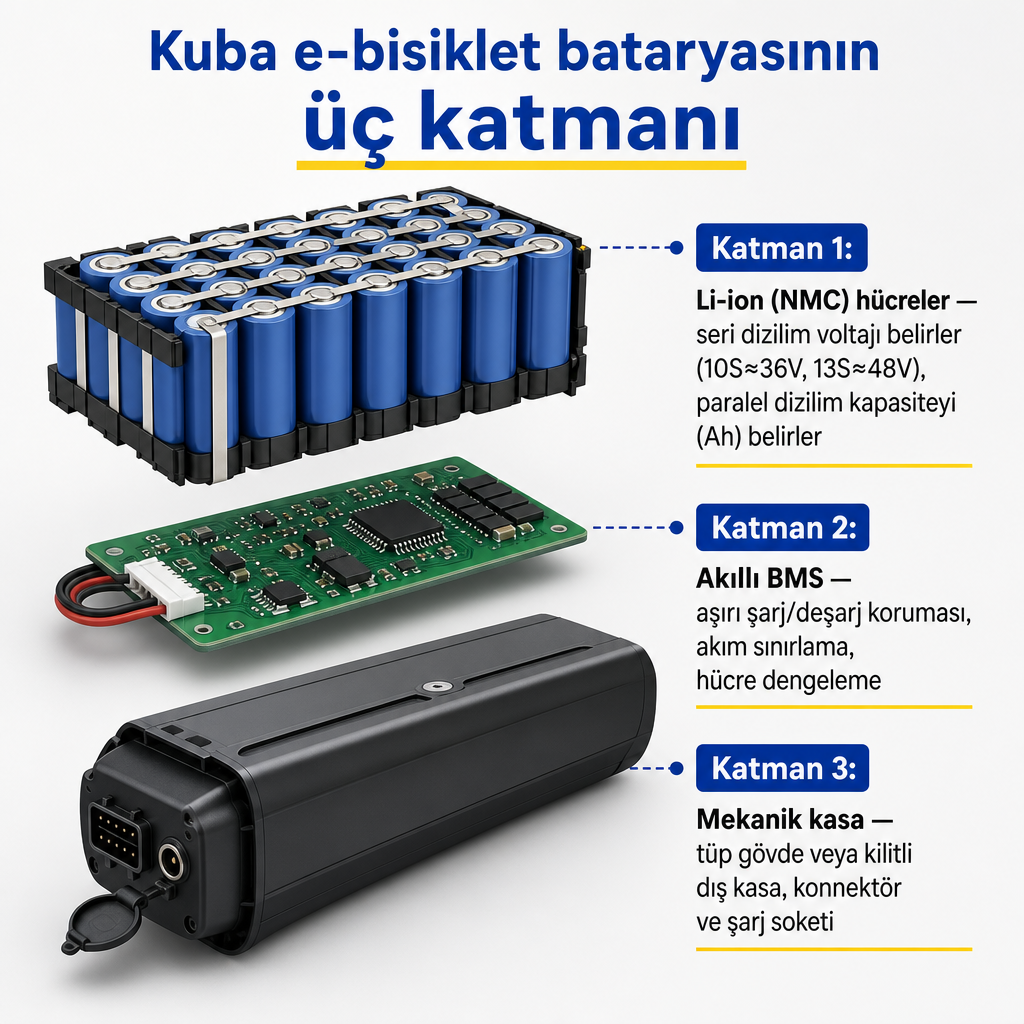 Kuba elektrikli bisiklet bataryasının hücre, BMS ve kasa katmanlarını gösteren kavramsal diyagram