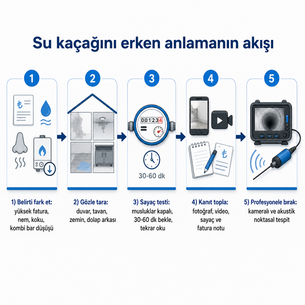 Su kaçağını erken anlamak için beş aşamalı akış: belirti, gözle tarama, sayaç testi, kanıt toplama ve profesyonel tespit