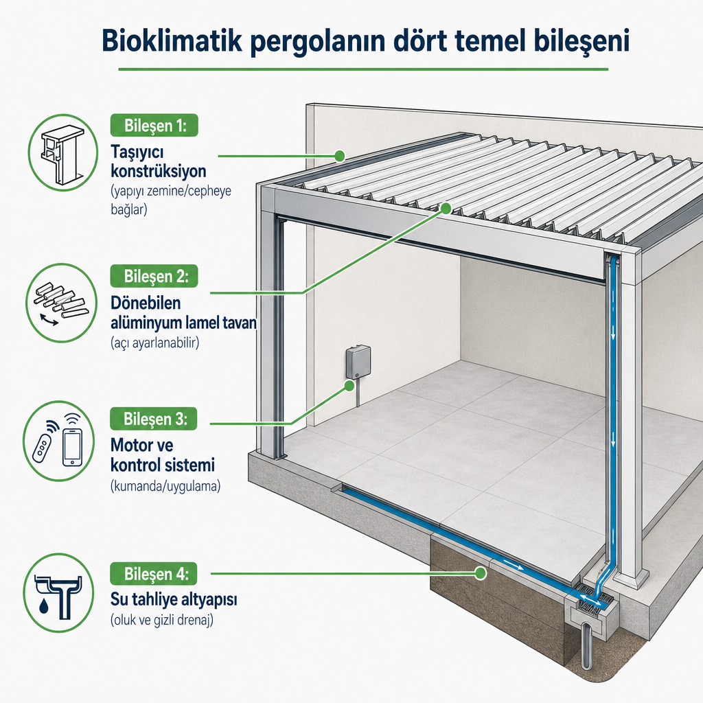 Bioklimatik pergolanın taşıyıcı konstrüksiyon, lamel tavan, motor-kontrol ve su tahliye bileşenlerini gösteren etiketli kesit diyagramı