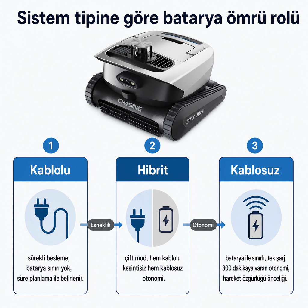 Kablolu, hibrit ve kablosuz sistemlerde batarya ömrünün rolünü gösteren kavramsal diyagram