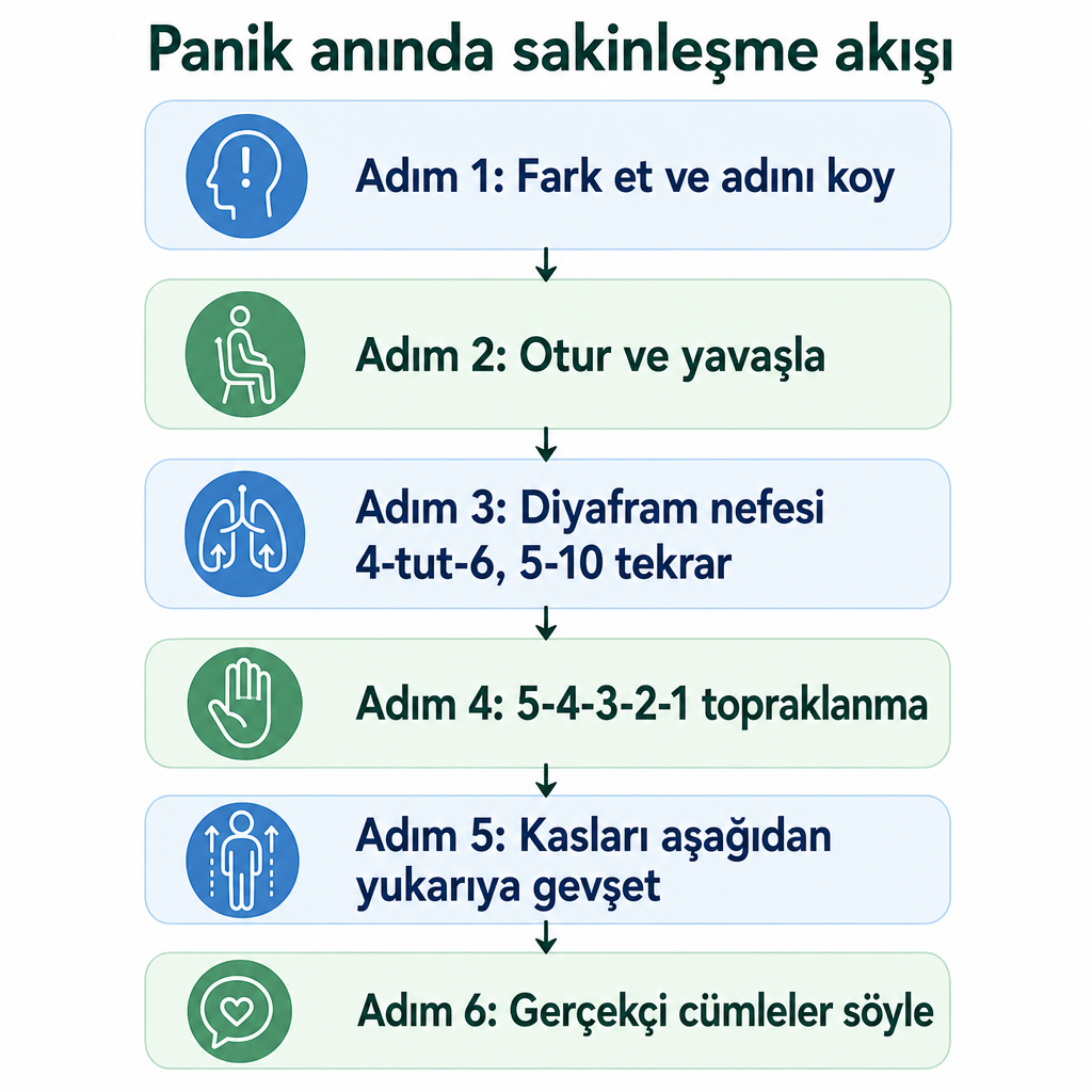 Panik atak sırasında uygulanacak altı adımlı sakinleşme akışını gösteren dikey süreç diyagramı.