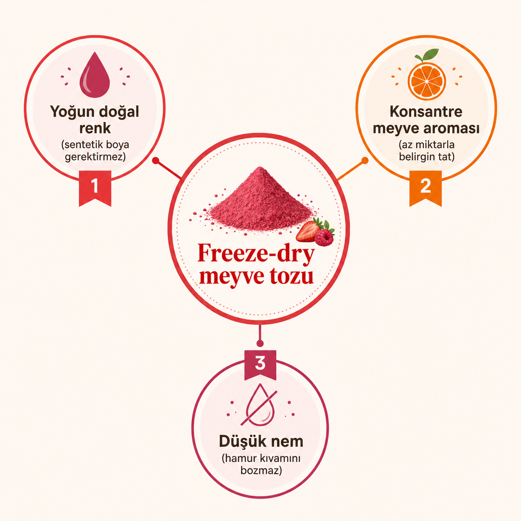 Freeze-dry meyve tozunun pastacılığa kattığı renk, aroma ve düşük nem değerlerini gösteren kavramsal şema