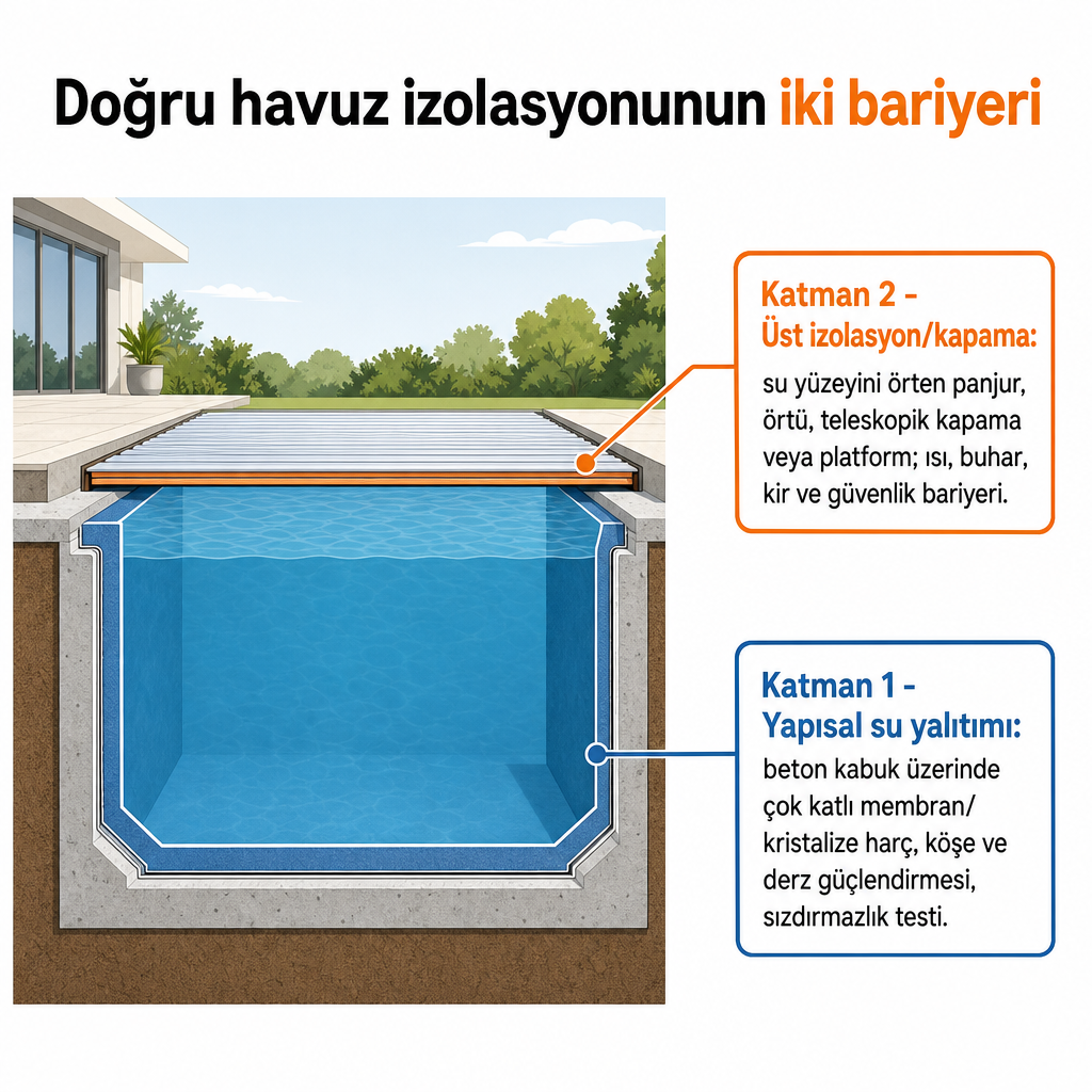 Havuzun beton kabuk su yalıtımı ile su yüzeyi kapama katmanını gösteren iki bariyerli kesit şeması