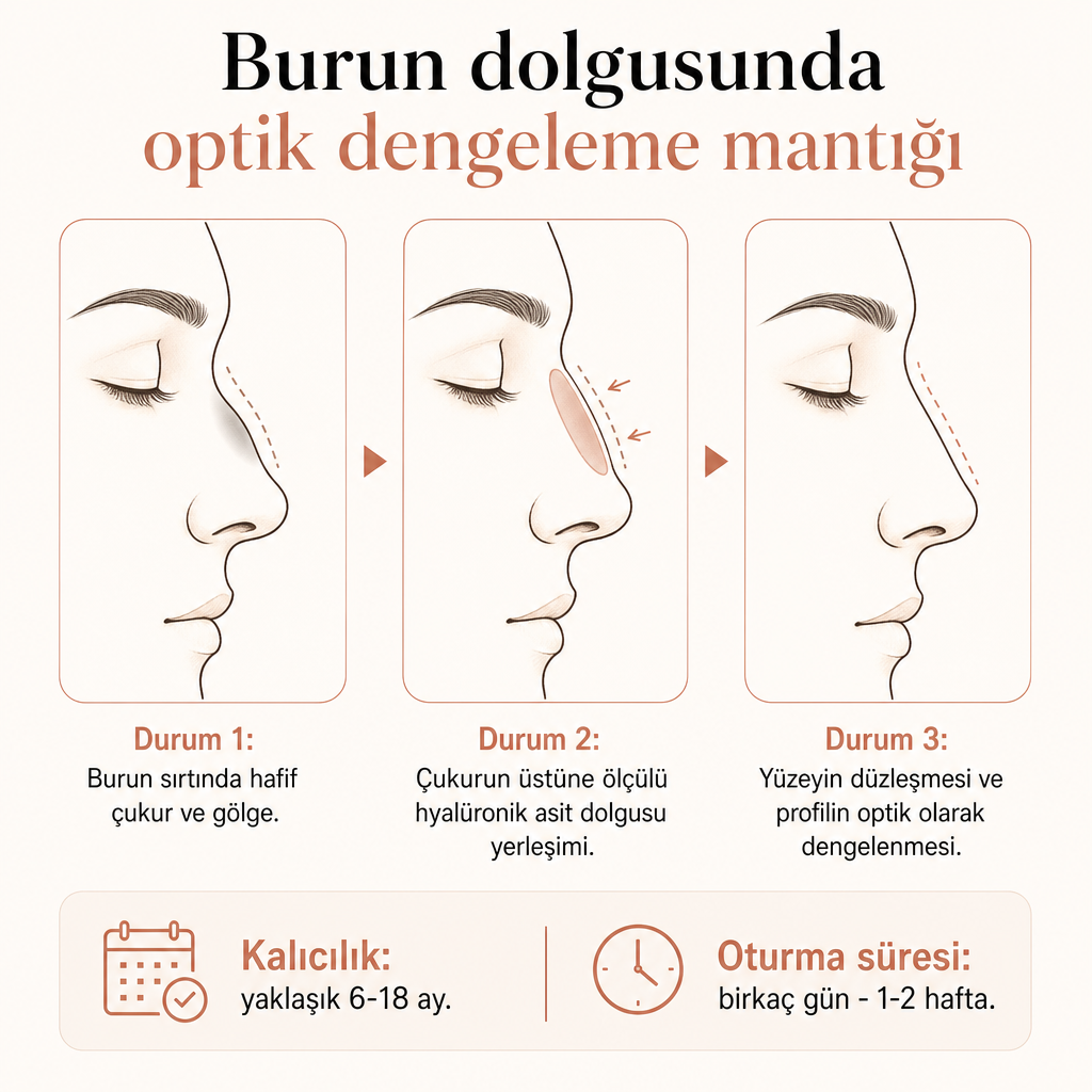 Burun profilinin çukurluk, dolgu yerleşimi ve dengelenmiş görünüm olarak üç aşamada gösterildiği kavramsal şema