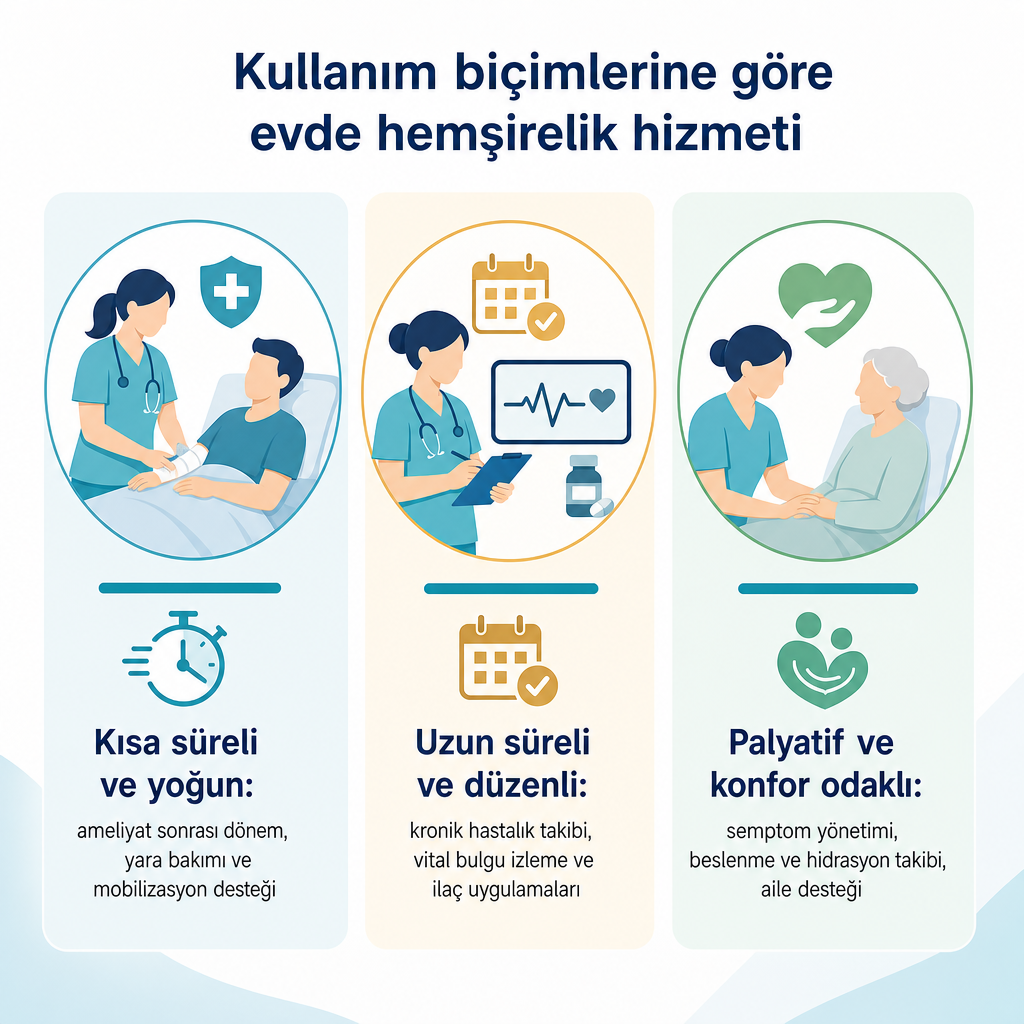 Visuel conceptuel comparant les axes du service de soins infirmiers à domicile selon les formes d'utilisation à court terme, à long terme et palliative