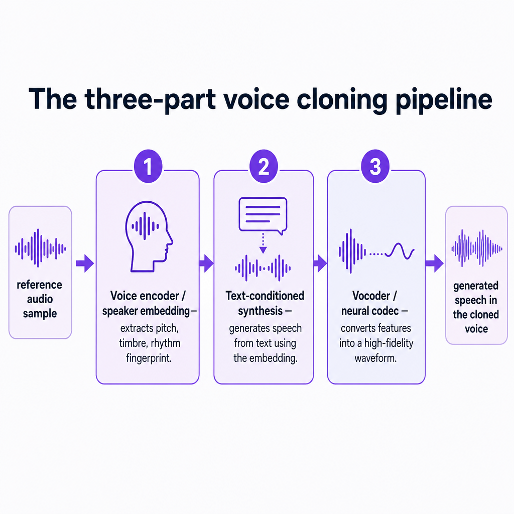 Diagram of the voice cloning pipeline from reference audio through encoder, synthesis, and vocoder to generated speech.