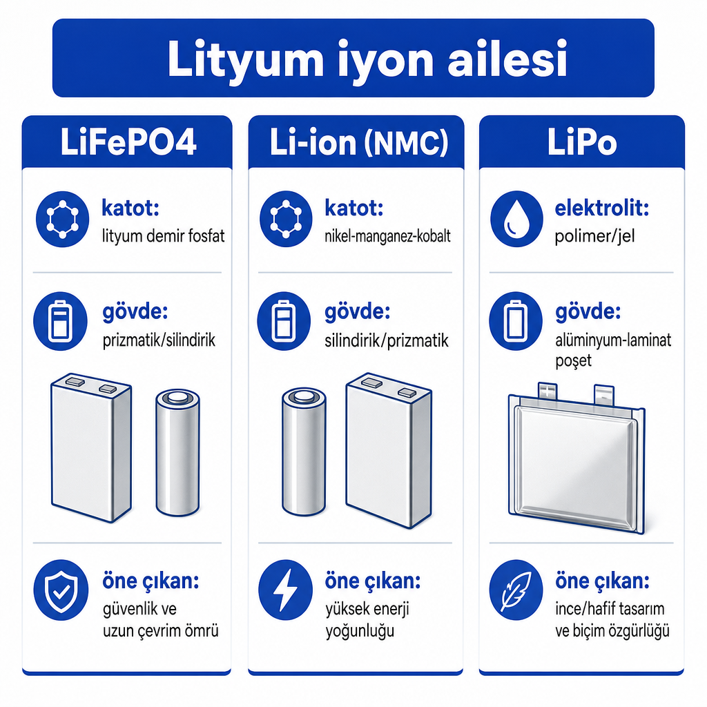 LiFePO4, Li-ion NMC ve LiPo kimyalarını katot, gövde ve öne çıkan özellik açısından karşılaştıran şema
