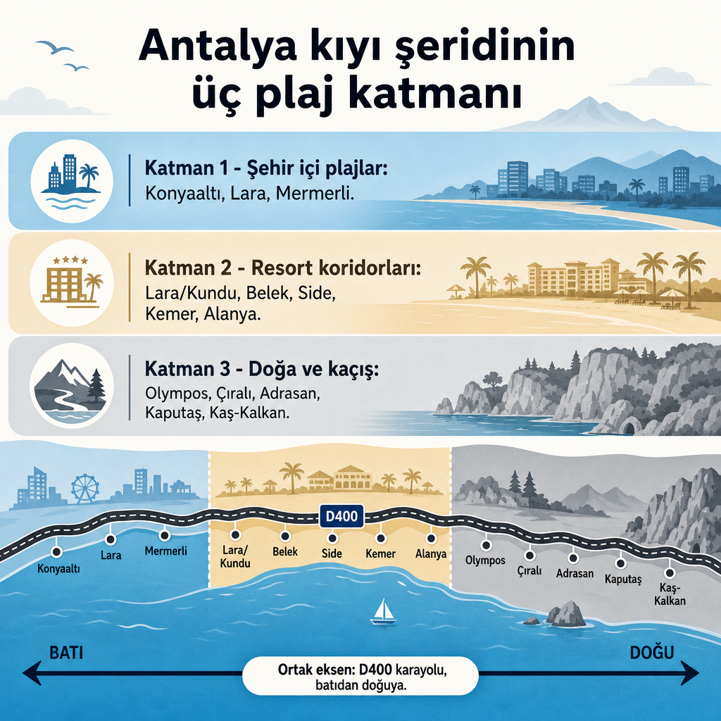 Antalya kıyı şeridini şehir içi, resort ve doğa plajları olarak üç katmanda gösteren şema.