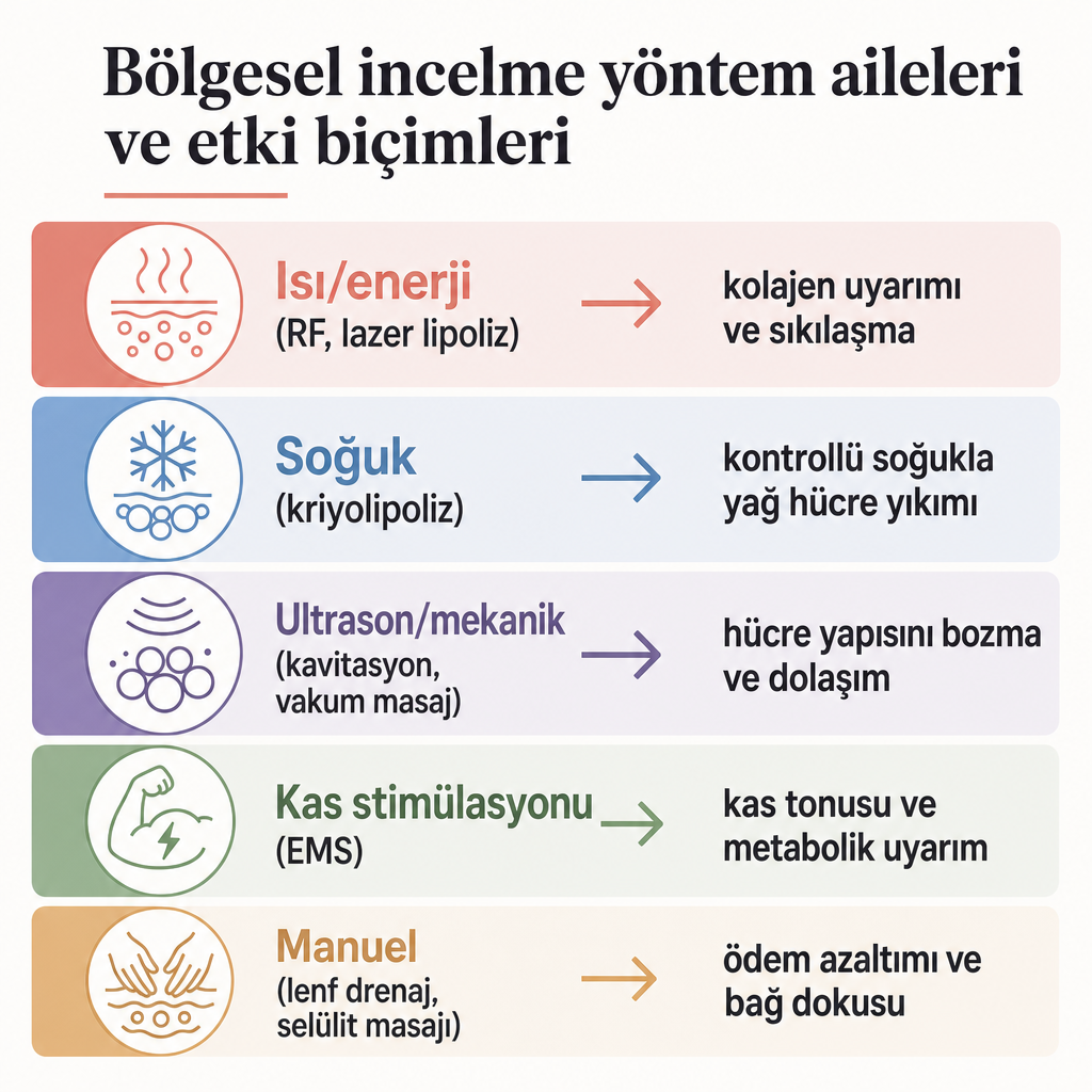 Beş bölgesel incelme yöntem ailesini ve her birinin dokuya etki biçimini gösteren karşılaştırma görseli