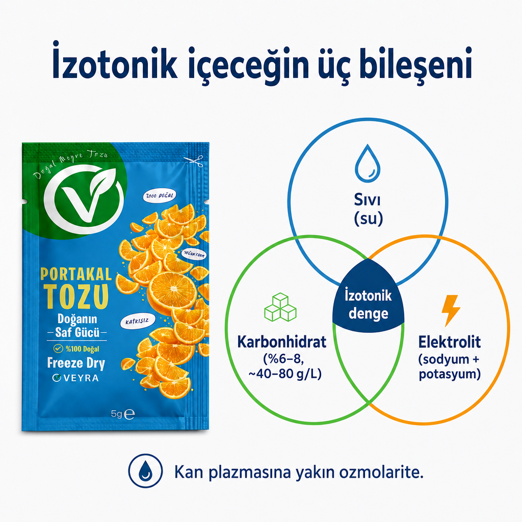 İzotonik içeceğin sıvı, karbonhidrat ve elektrolit bileşenlerini gösteren üç halkalı kavramsal diyagram.