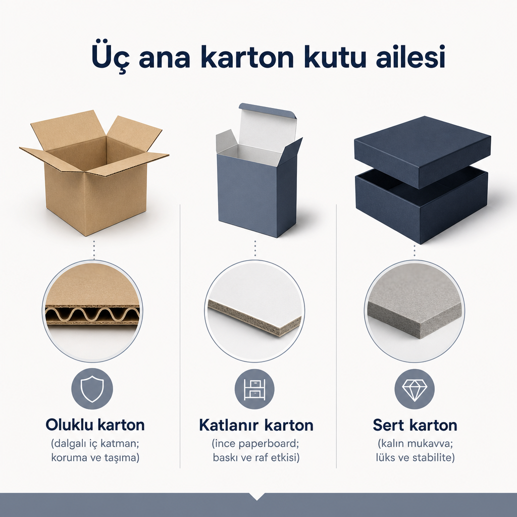 Oluklu, katlanır ve sert karton kutu ailelerini yapı ve öncelik farklarıyla karşılaştıran kavramsal görsel