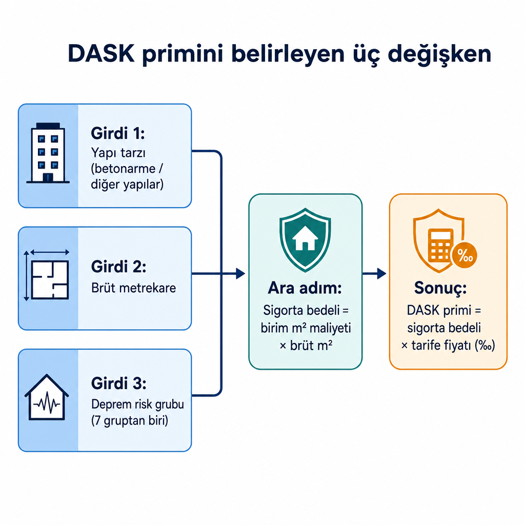 Yapı tarzı, metrekare ve risk grubunun DASK primini nasıl belirlediğini gösteren kavramsal diyagram