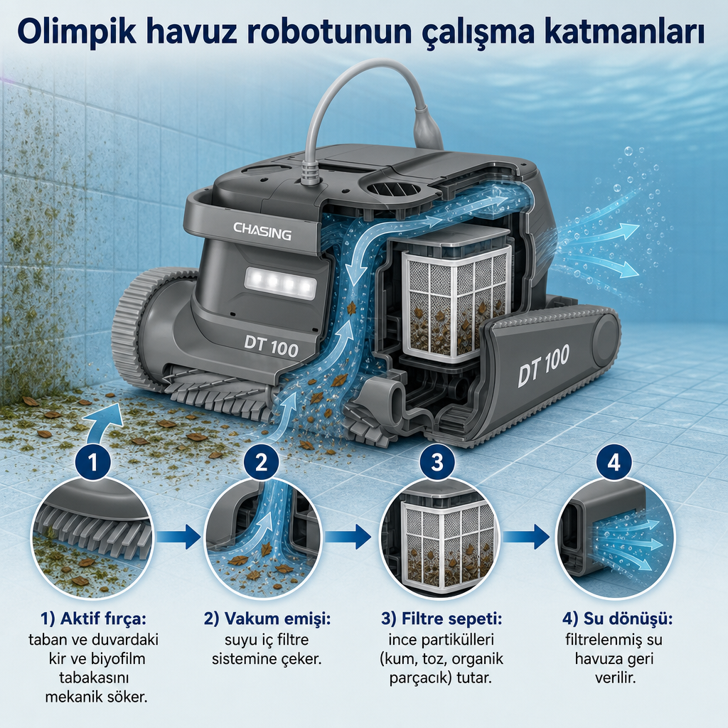 Paletli havuz robotunun fırçalama, vakum, filtreleme ve su dönüşü aşamalarını gösteren kesit diyagramı.