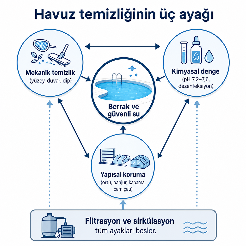 Havuz temizliğinin mekanik, kimyasal ve yapısal koruma ayaklarını ve bunları besleyen filtrasyonu gösteren kavramsal diyagram.
