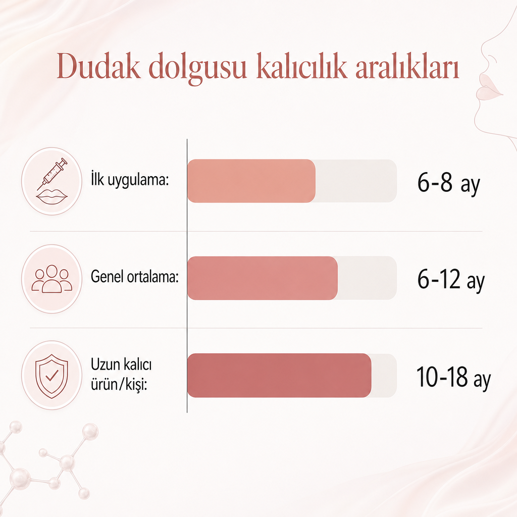 Dudak dolgusunun ilk uygulama, ortalama ve uzun süreli kalıcılık aralıklarını gösteren çubuk grafik