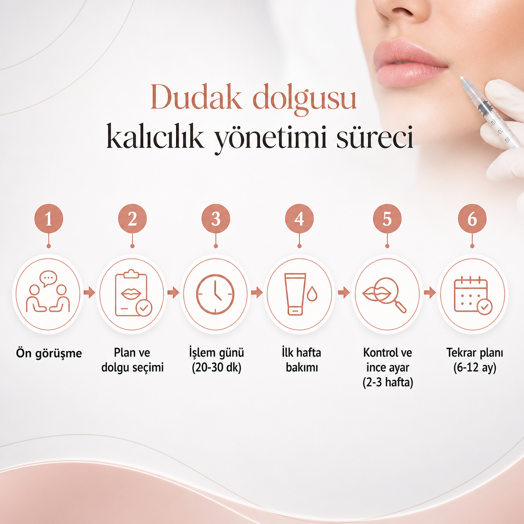 Dudak dolgusunda ön görüşmeden tekrar planına kadar altı adımlı süreç şeması