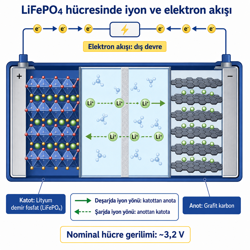 LiFePO4 hücresinde katot, anot, lityum iyon hareketi ve dış devredeki elektron akışını gösteren şema