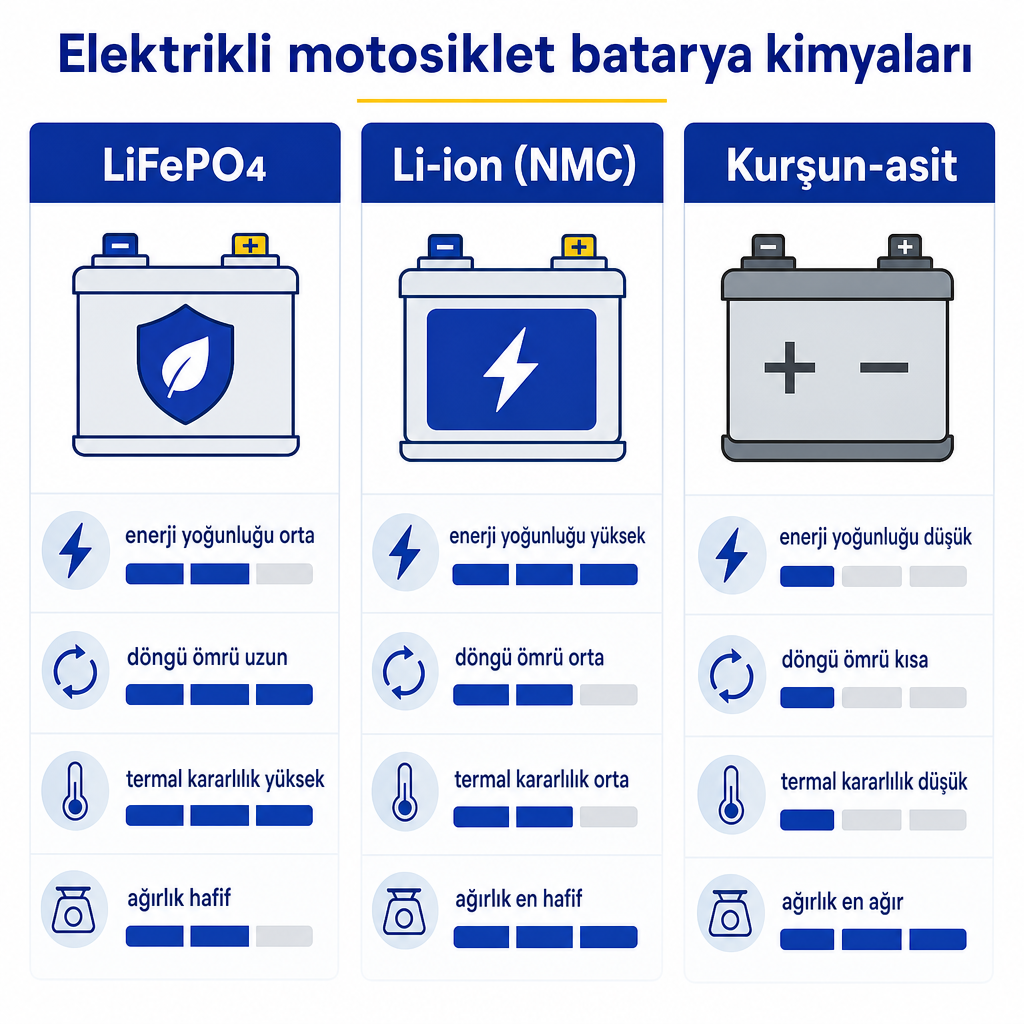 LiFePO4, Li-ion NMC ve kurşun-asit batarya türlerinin enerji yoğunluğu, döngü ömrü, termal kararlılık ve ağırlık açısından karşılaştırması
