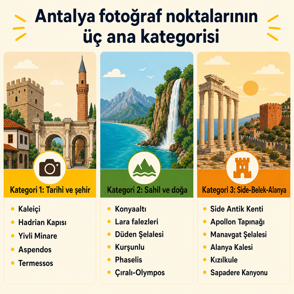 Antalya fotoğraf noktalarını tarihi, doğa ve Side-Alanya olarak üç kategoriye ayıran bilgi grafiği