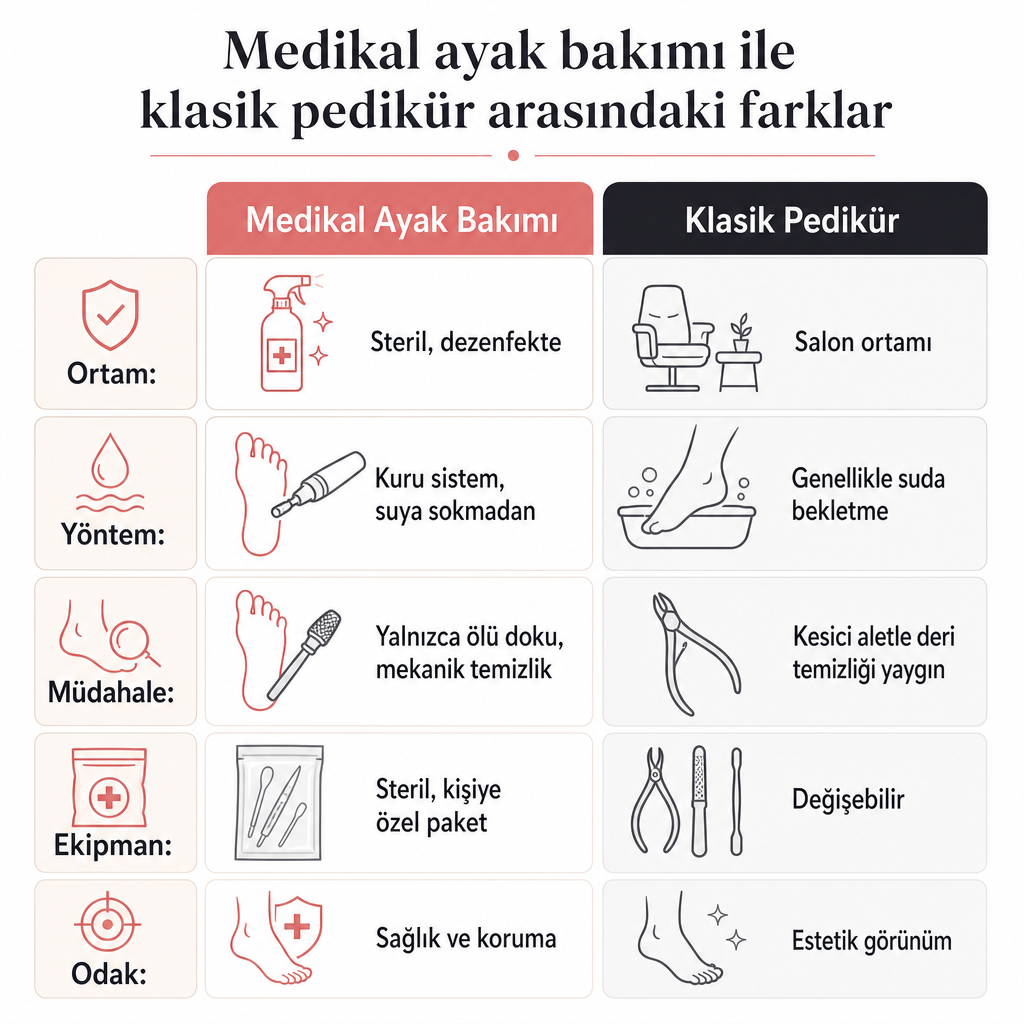 Medikal ayak bakımı ile klasik pedikürü ortam, yöntem, müdahale, ekipman ve odak başlıklarında karşılaştıran iki sütunlu görsel.