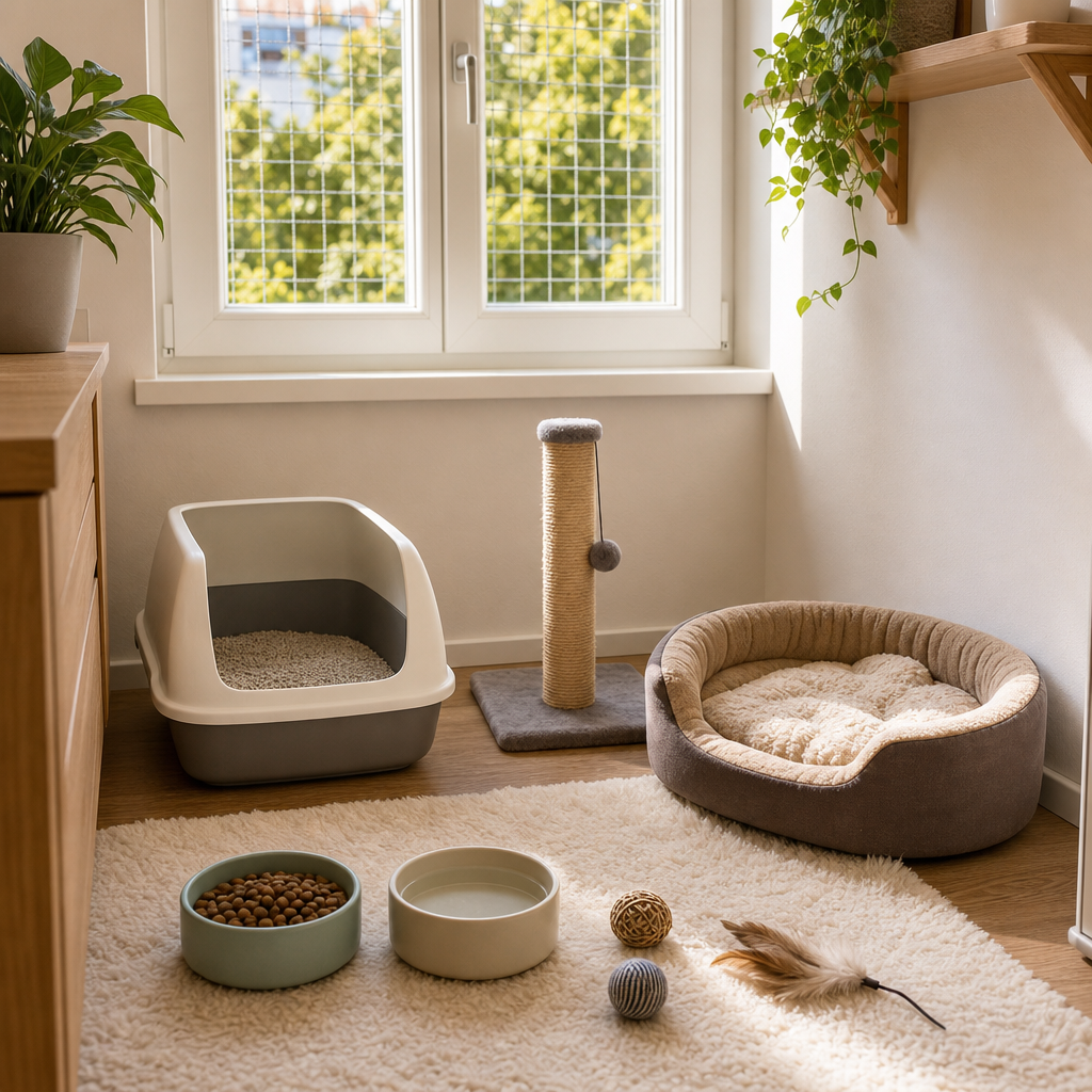 Yeni gelecek kedi için hazırlanmış kum kabı, mama kapları ve yatak içeren sessiz bir oda köşesi