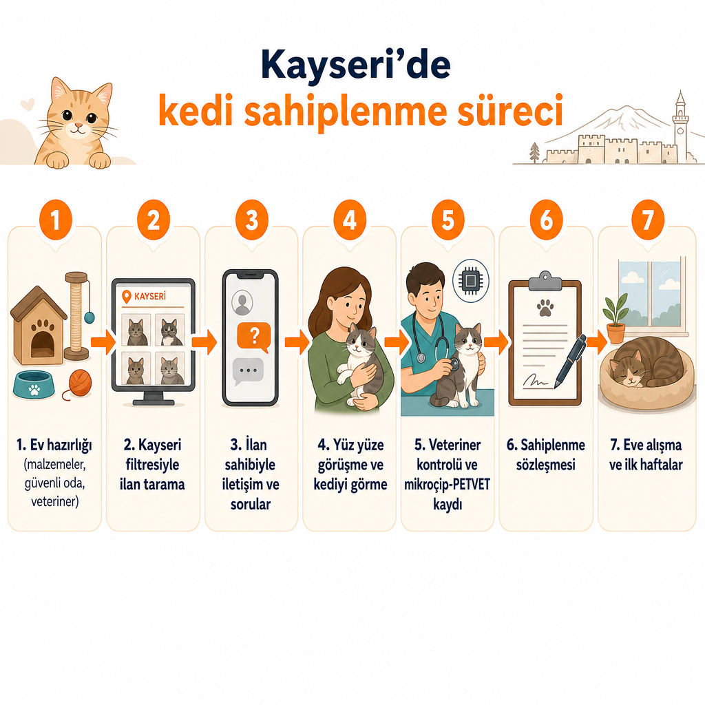 Ev hazırlığından eve alışmaya kadar yedi adımlı Kayseri kedi sahiplenme süreç şeması