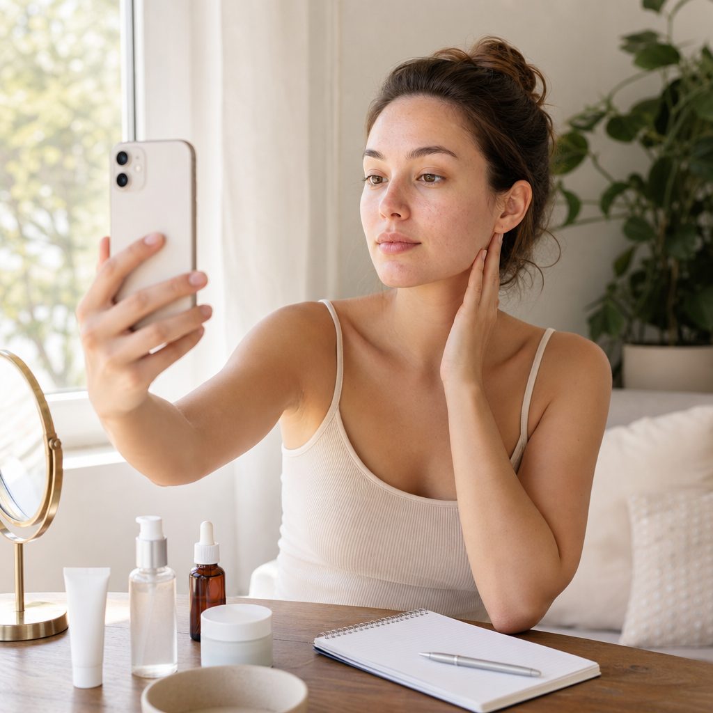 A person photographing their bare face in even natural light with skincare products and notes on a nearby table