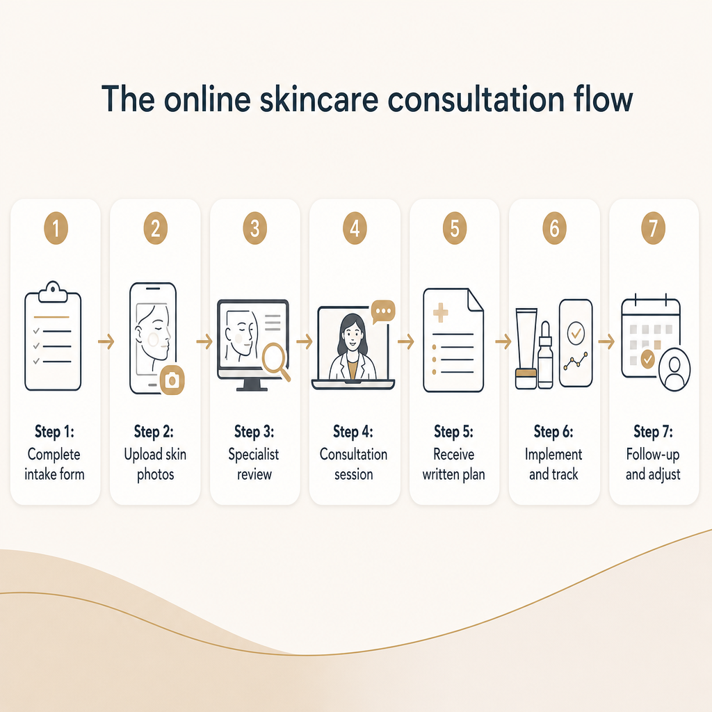 Seven-step diagram from intake form through photo upload, review, session, written plan, implementation, and follow-up