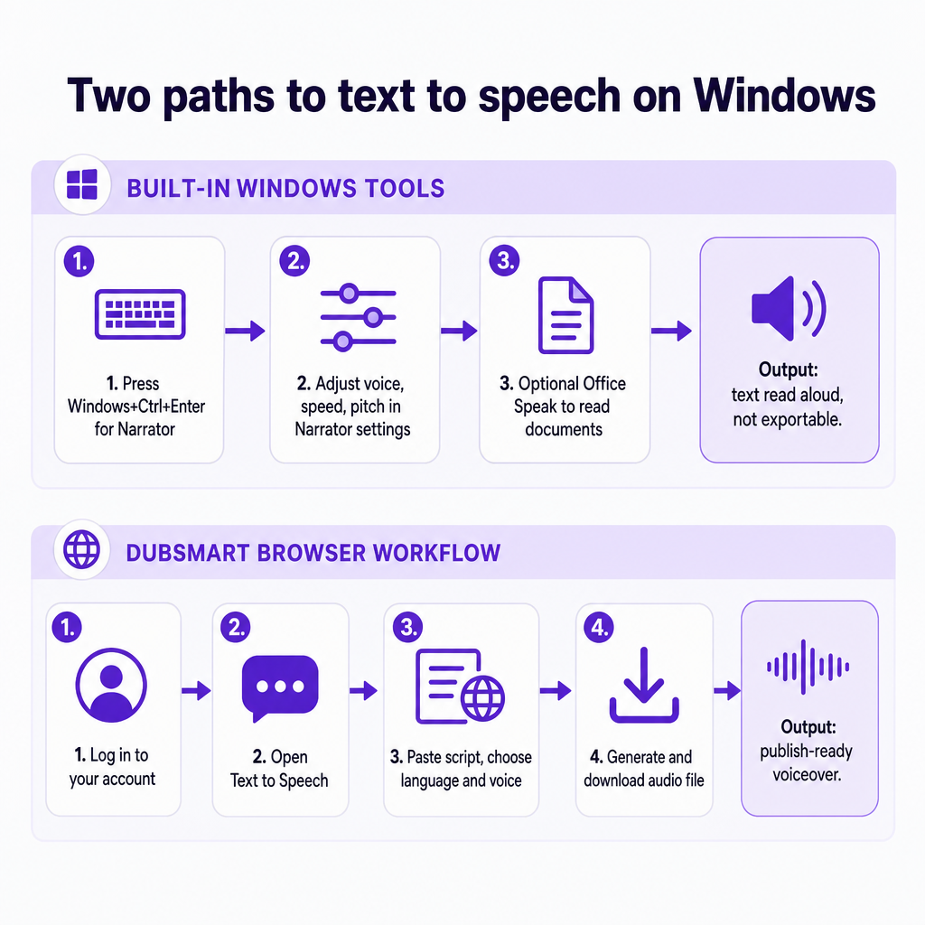 Diagram comparing the built-in Windows text to speech path with the DubSmart browser path from script to downloadable audio.