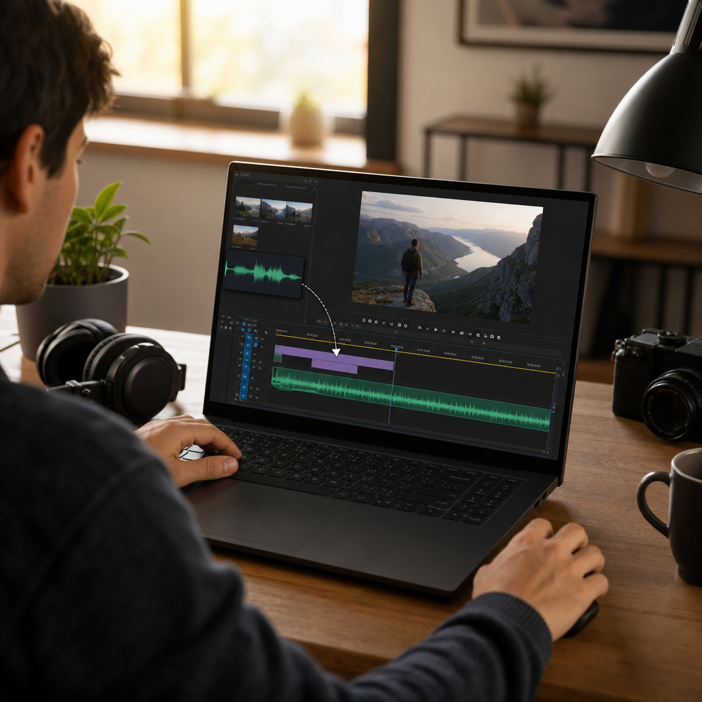 A creator on a Windows laptop placing a generated voiceover file into a video editing timeline.