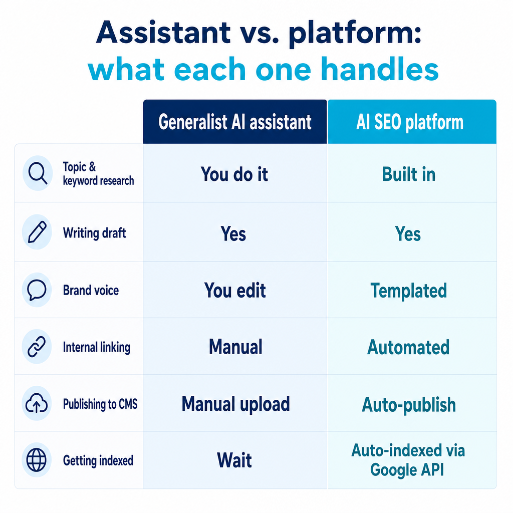 Two-column comparison showing a generalist assistant requiring manual work versus an AI SEO platform automating research, writing, linking, publishing, and indexing.