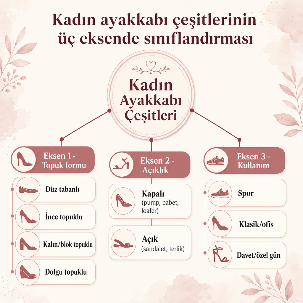 Kadın ayakkabılarını topuk formu, açıklık ve kullanım alanı olmak üzere üç eksende gösteren sınıflandırma diyagramı