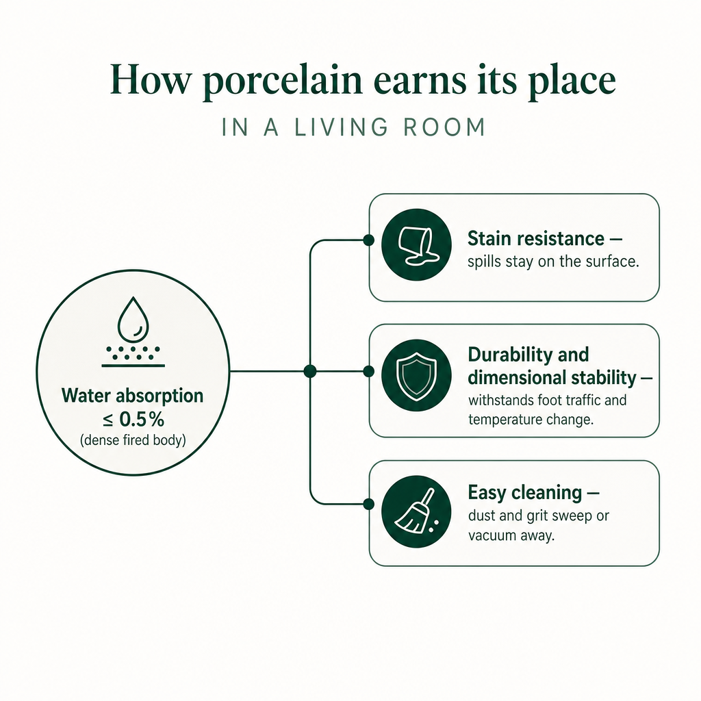 Diagram linking porcelain's low water absorption to stain resistance, durability and easy cleaning