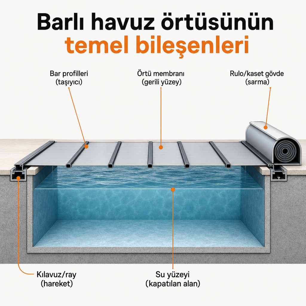 Barlı havuz örtüsünün taşıyıcı barlar, membran ve sarma gövdesinden oluşan bileşenlerini gösteren kesit diyagramı