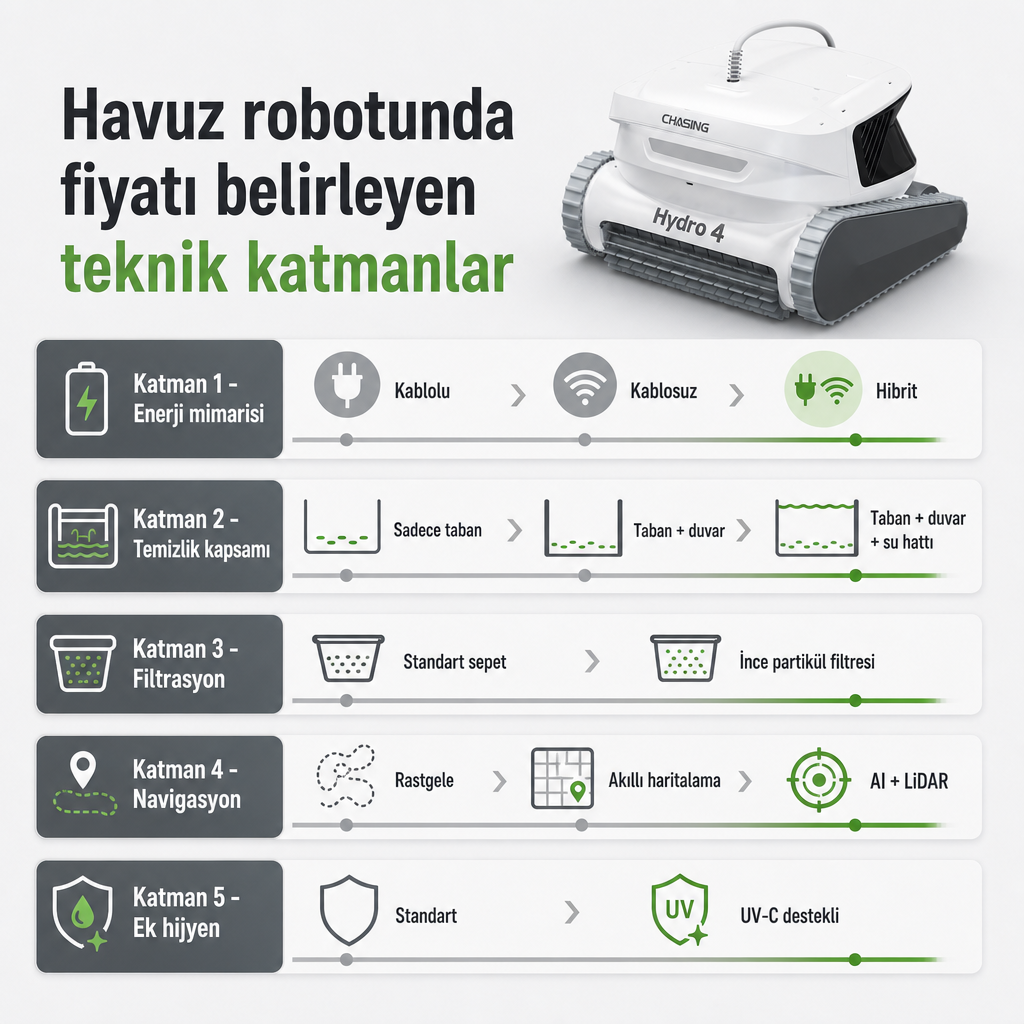 Havuz robotu fiyatını belirleyen enerji, kapsam, filtrasyon, navigasyon ve hijyen katmanlarını gösteren karşılaştırma görseli