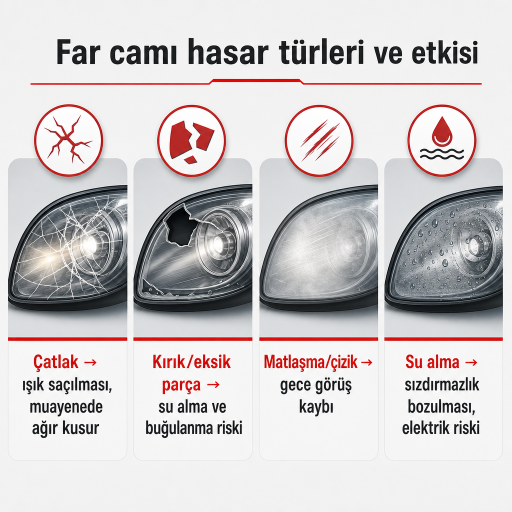 Çatlak, kırık, matlaşma ve su alma far camı hasarlarını ve etkilerini karşılaştıran görsel