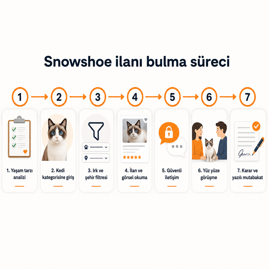 Snowshoe kedisi ilanını bulma sürecinin yedi adımlı akış şeması