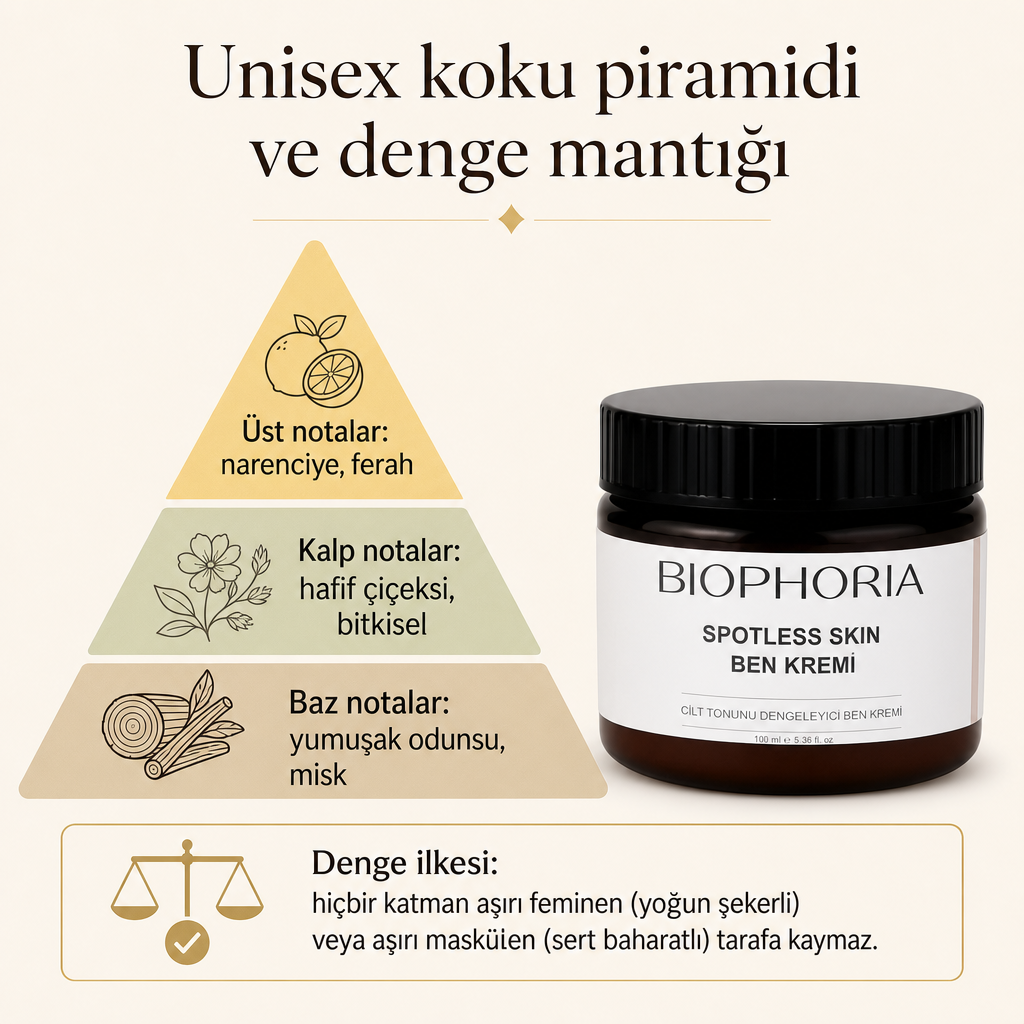 Üç katmanlı koku piramidi diyagramı, üstte narenciye, ortada çiçeksi, altta odunsu-misk notaların dengeli dağılımını gösteriyor