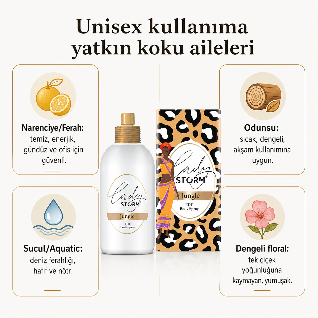 Dört unisex koku ailesini karşılaştıran görsel: narenciye, odunsu, sucul ve dengeli floral karakterlerin kullanım bağlamları