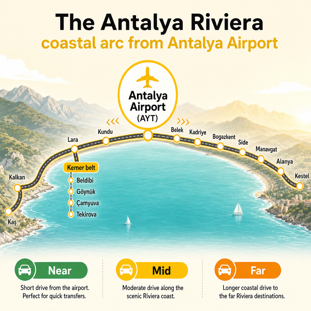 Conceptual diagram of Antalya Airport as the central hub with Riviera resorts arranged west and east by relative road distance.