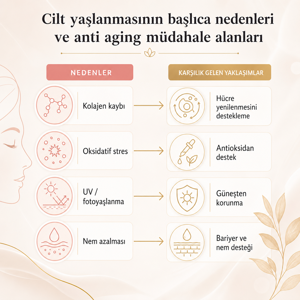 Cilt yaşlanmasının nedenlerini ve bunlara karşılık gelen anti aging bakım alanlarını eşleştiren infografik.