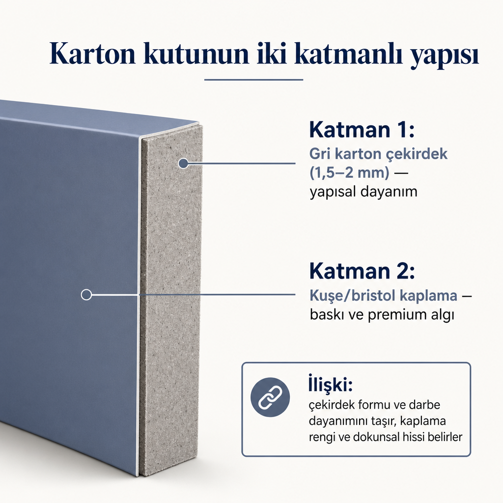 Rigid karton kutu duvarının gri karton çekirdek ve kuşe kaplama katmanlarını gösteren kesit diyagramı